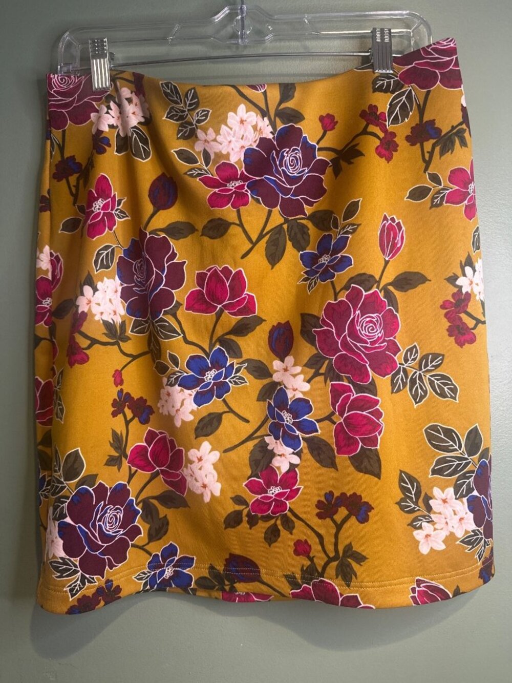 NYCC Mustard Floral Pencil Skirt Large Stretch Pull On Knee Length Career Casual